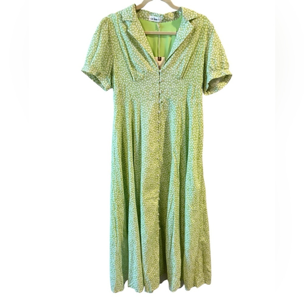 NWT In Loom Green & White Ditzy Floral Button Down Collar MIDI Dress Size M